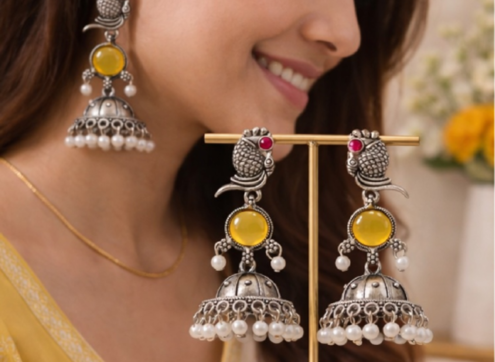 Oxidised Peacock Jhumka Earrings | Yellow Stone & Pearl Drop Traditional Jewellery for Women & Girls
