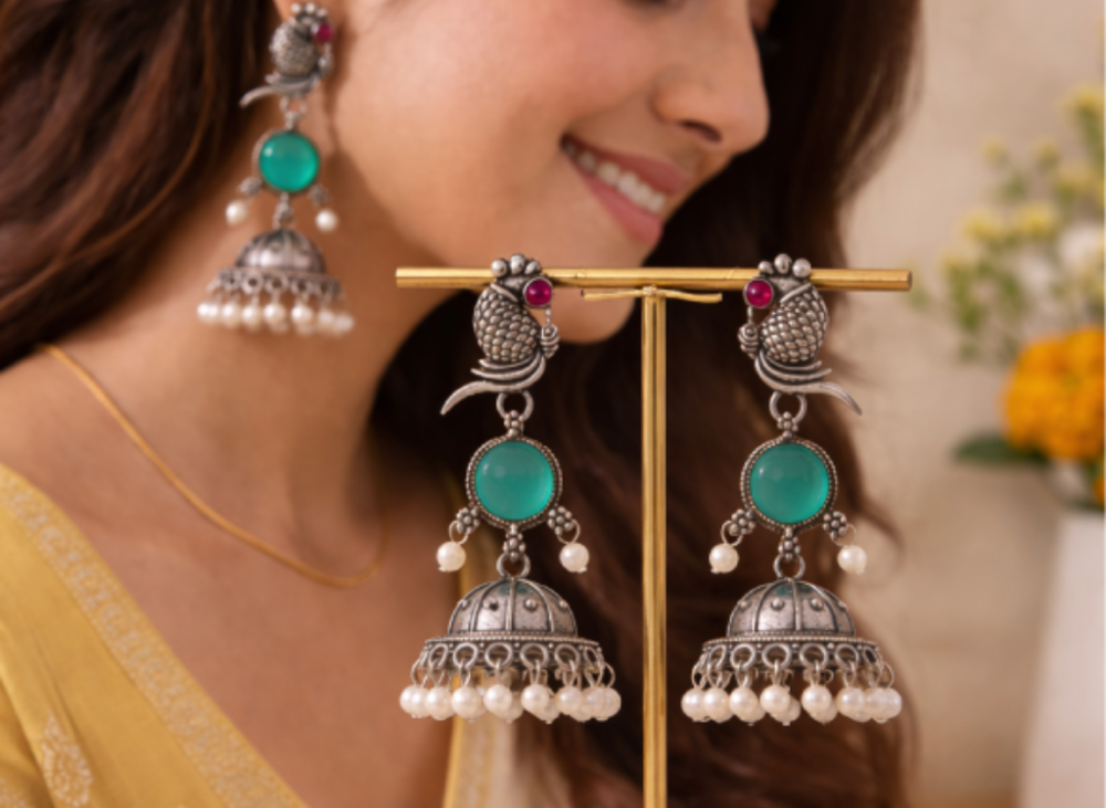 Oxidised Peacock Jhumka Earrings | Blue Stone & Pearl Drop Traditional Jewellery for Women & Girls