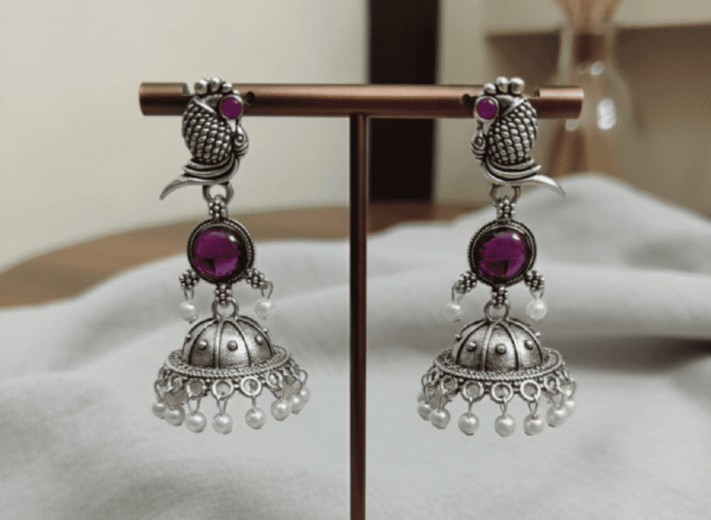 Oxidised Peacock Jhumka Earrings | Purple Stone & Pearl Drop Traditional Jewellery for Women & Girls